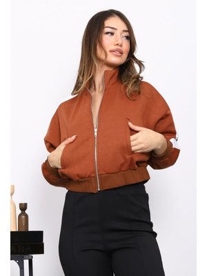 Taba Fermuarlı Üç İplik Sweat Hırka