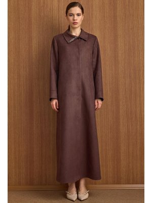 Devrik Yaka Taş Detaylı Süet Görünümlü Büyük Beden Pardesü Kahve