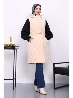 Krem Kapüşonlu Kemerli Şişme Yelek