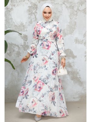 Çiçek Desenli Bej Elbise 27986bgr