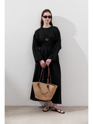 Siyah Keten Pile Detaylı Elbise