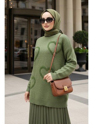 Kalp Desenli Yağ Yeşili Triko Kazak Tunik 8802yy