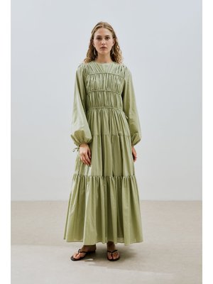 Çağla Büzgülü Uzun Kol Elbise