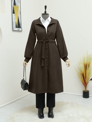 K. Kahve Belden Bağlamalı Top Düğmeli Kaşe Kaban