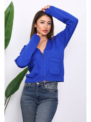 Saks Mavi Çift Cepli Fermuarlı Triko Hırka