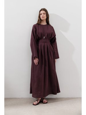 Mürdüm Keten Pile Detaylı Elbise