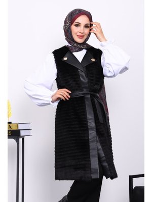 Siyah Deri Detaylı Kemerli Yelek