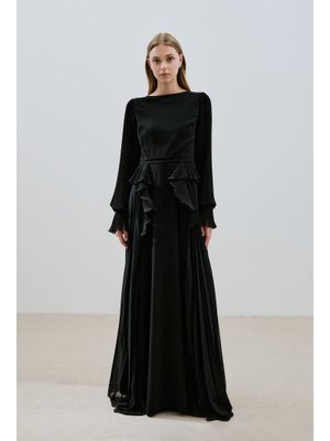 Siyah Katlı Piliseli Elbise