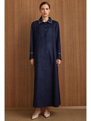 Lacivert Gömlek Yaka Deri Ve İşleme Detaylı Süet Görünümlü Büyük Beden Pardesü