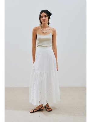 Ekru Nakışlı Uzun Etek