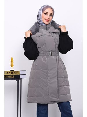 Gri Yaka Kürklü Lastik Kemerli Uzun Şişme Yelek