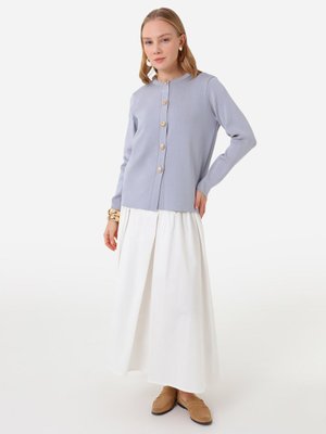 Beyaz Yüksek Bel Dökümlü Uzun Etek