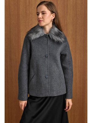 Koyu Gri Yakası Çıkabilen Kürklü Kısa Kaban