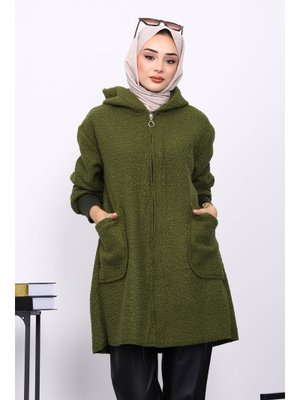 Yağ Yeşili Fermuarlı Cepli Buklet Kaban