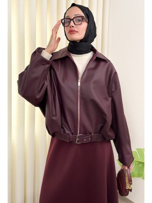 Bordo Kemer Detaylı Bomber Suni Deri Ceket