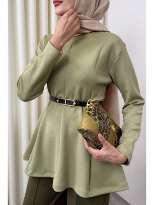 Açık Haki Kemerli Peplum Bluz
