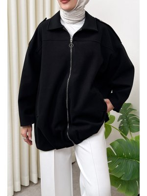 Siyah Fermuarlı Oversize Kaşe Kaban
