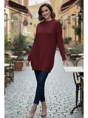 Bordo Kolu Düğmeli Triko Kazak