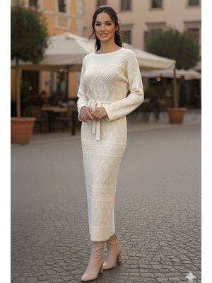 Taş Rengi Baklava Desenli Fileli Triko Elbise