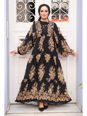 Desenli Siyah Elbise 3035s