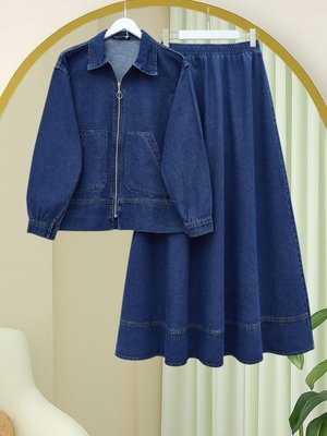 İndigo Önü Fermuarlı Çift Cepli Etekli Kot Takım