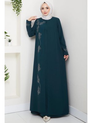 Büyük Beden Yaprak Taşlı Anne Elbisesi Zümrüt