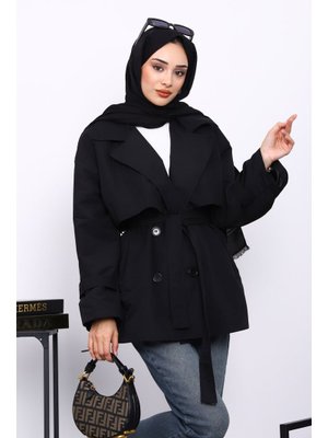 Siyah Kravuze Yaka Düğmeli Kısa Trençkot