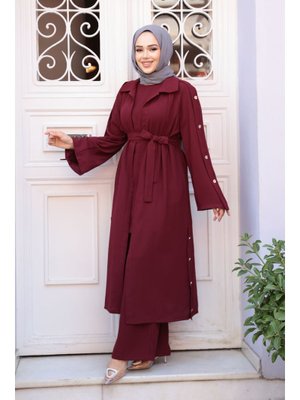 Düğme Detaylı Koyu Bordo Üçlü Takım 7677kbr