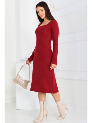 Bordo Kare Yaka Fitilili Kaşkorse Elbise