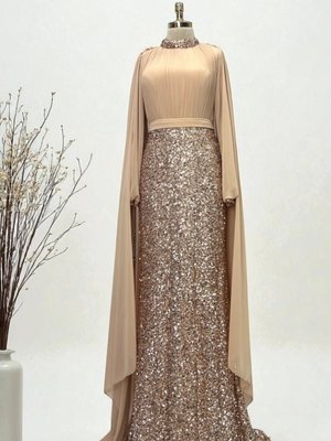 Bakır Renk Şifon Pelerin Detaylı Eteği Boncuk İşlemeli Büyük Beden Abiye Elbise