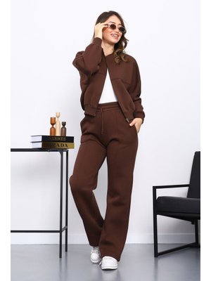 Kahverengi Üç İplik Sweat Hırka Pantolonlu Takım