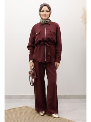 Bordo Beli Büzgülü Fermuarlı İkili Takım