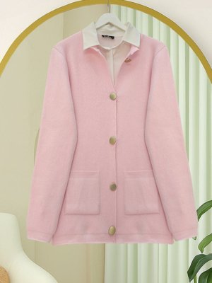 Pudra Önü Düğmeli Çift Cepli Yumoş Triko Hırka