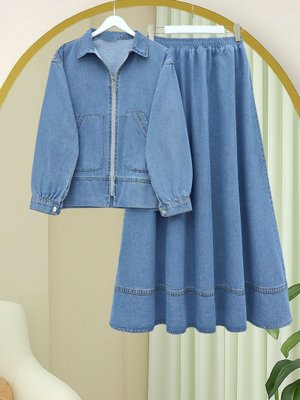 Buz Mavi Önü Fermuarlı Çift Cepli Etekli Kot Takım