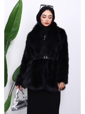 Siyah Kemerli Kısa Kürk Kaban