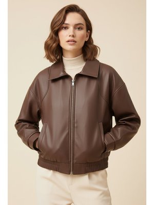 Kahve Beli Lastikli Deri Ceket