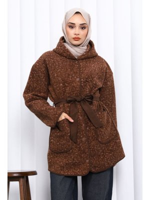 Kahverengi Çırçıtlı Kuşaklı Kaşe Kaban