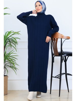 Lacivert Fitilli Triko Elbise