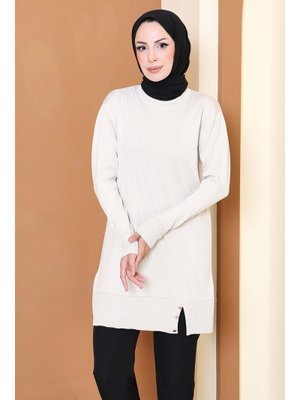 Krem Düğmeli Fitilli Triko Tunik