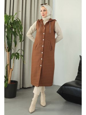 Kahve Cepli Zincir Detaylı Kapitone Yelek
