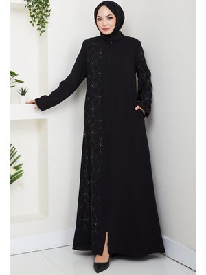 Siyah Gizli Patlı Yarım Taşlı Ferace