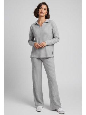 Gri Grı Polo Yaka Fitilli Kaşkorse İkili Takım