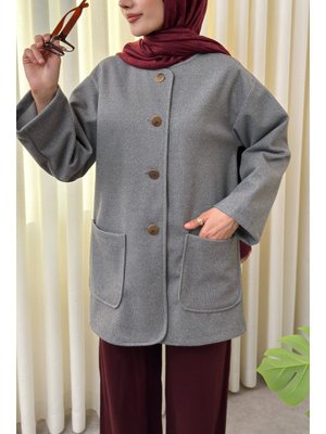 Gri Kaşe Cepli Bisiklet Yaka Ceket