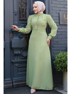 Düğme Detaylı Fıstık Yeşili Elbise