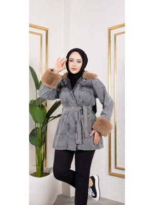 Kemerli Cepli Kürk Detaylı Kot Siyah Ceket