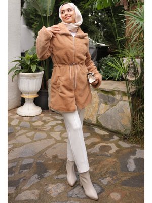 Vizon Beli İpli Flato Cepli Fermuarlı Peluş Mont