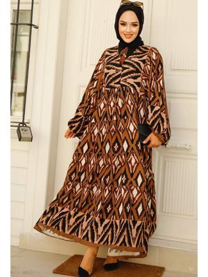 Desenli Kahverengi Elbise 10235kh