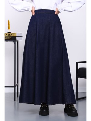 Lacivert Bel Lastikli Kloş Kot Etek