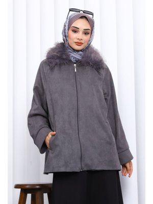 Antrasit Yaka Kürk Detaylı Süet Ceket