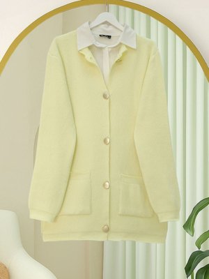 Açık Sarı Önü Düğmeli Çift Cepli Yumoş Triko Hırka